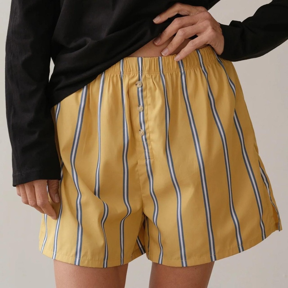 DONNI. Pop Shorts in Butter Yellow and Blue Striped Shorts size S